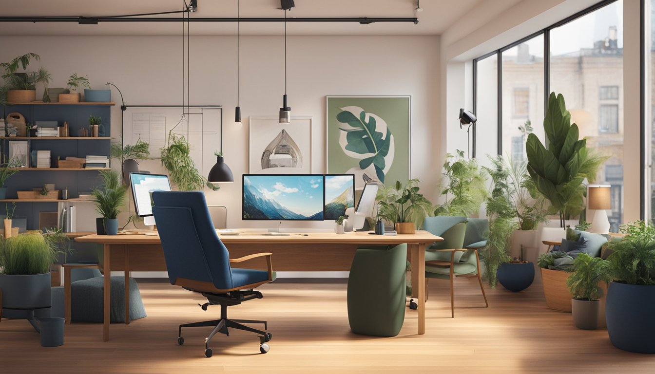 A modern office setting with computer workstations and creative design elements, showcasing the professionalism of Digital Byrån as Sweden's top WordPress agency for small businesses