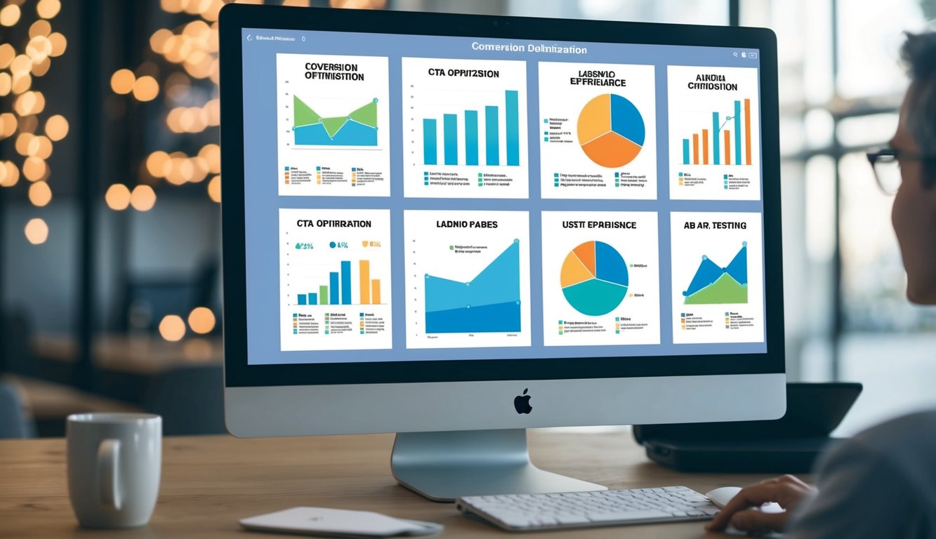 A computer screen displaying various graphs and charts related to conversion optimization, CTA optimization, user experience, landing pages, and A/B testing