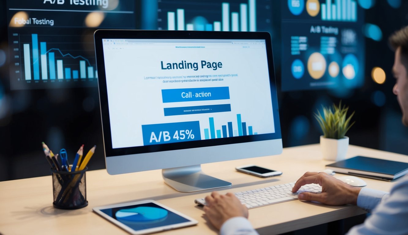 A computer screen displaying a landing page with a prominent call-to-action button, surrounded by graphs and charts representing A/B testing data