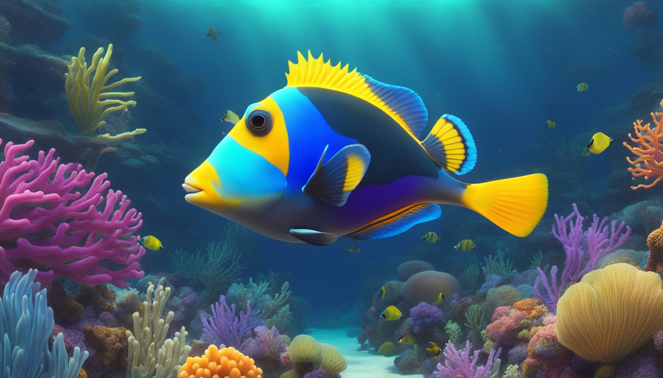 A colorful triggerfish swims among vibrant coral and sea plants in a clear, tropical ocean