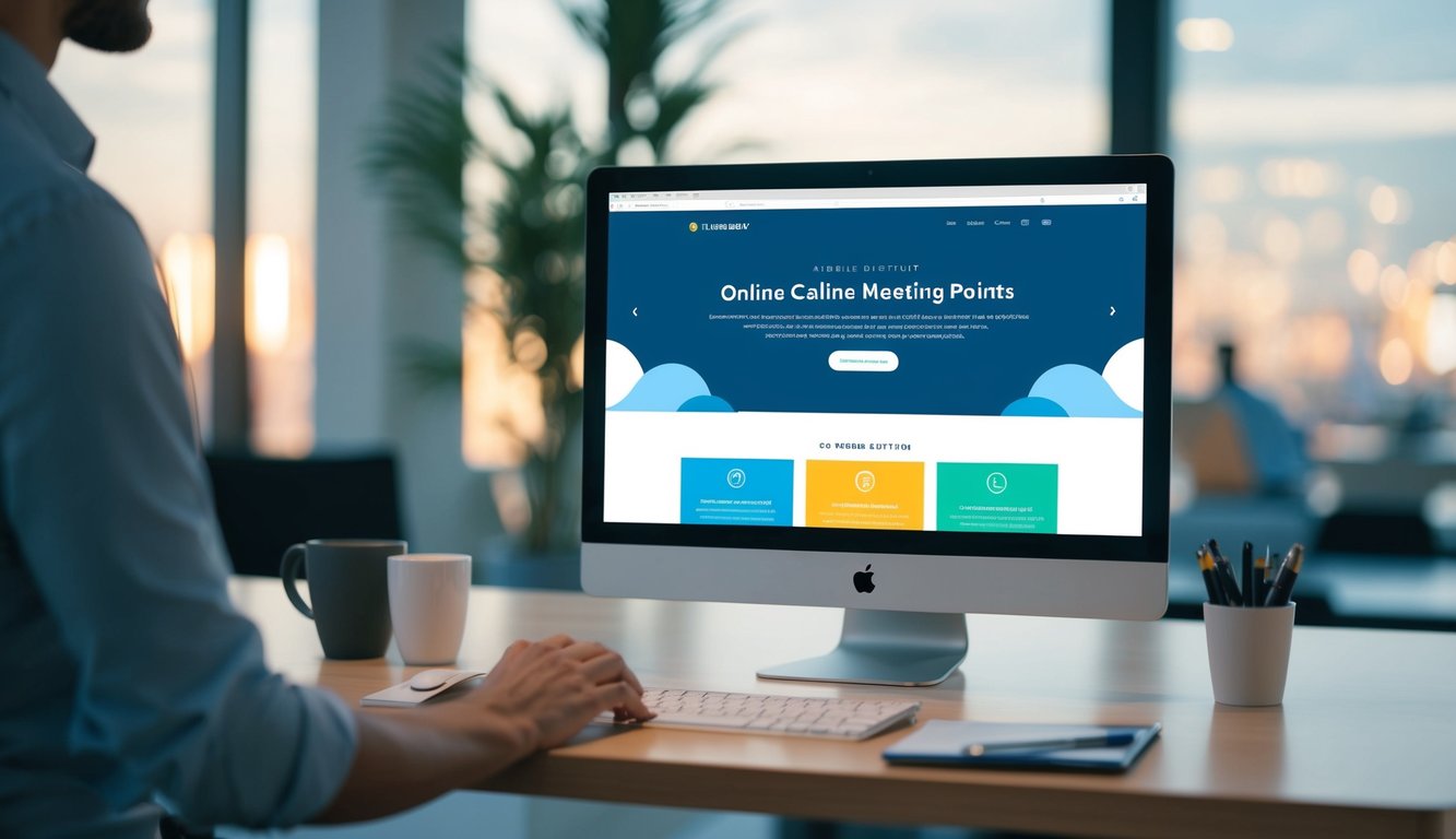 A computer screen displays a website with optimized call-to-action buttons, user-friendly design, and A/B testing for online meeting points