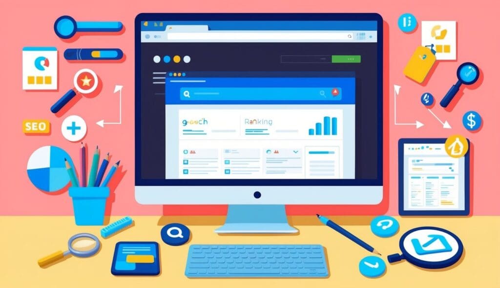 Illustration av en datorskärm omgiven av SEO-verktyg som diagram, sökikoner och statistik. Bilden representerar vikten av sökmotoroptimering (SEO) för att förbättra webbplatsens synlighet och rankning i sökresultat, vilket är avgörande för att driva organisk trafik och nå fler potentiella kunder.