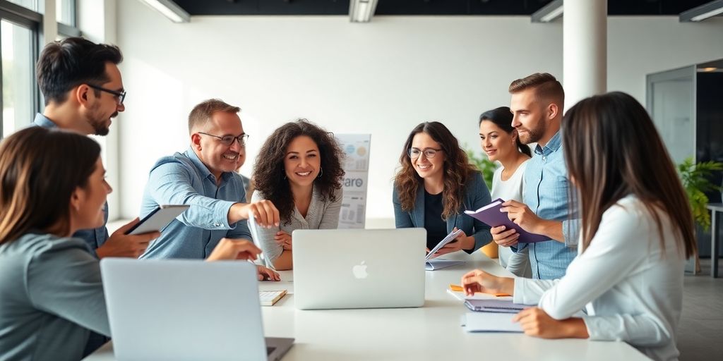 En grupp människor som samarbetar vid ett skrivbord.